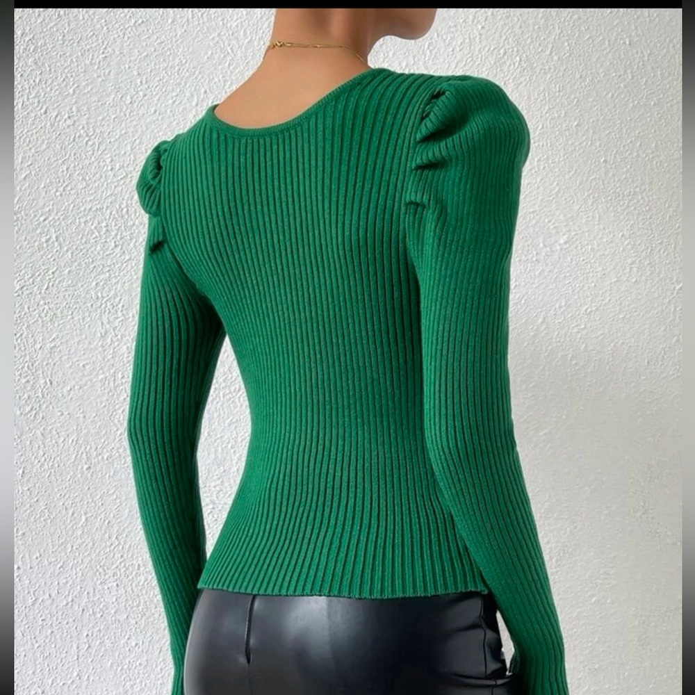 Puff Sleeve Ribbed Knit Sweater - Picture 2 of 2